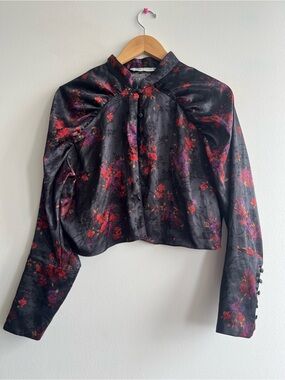 Zara Black Moody Floral Satin Crop Top Romantic Goth Coquette Blouse XL